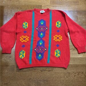 Vintage Red Geometric Knit Sweater | Oversized Retro Pattern | XL